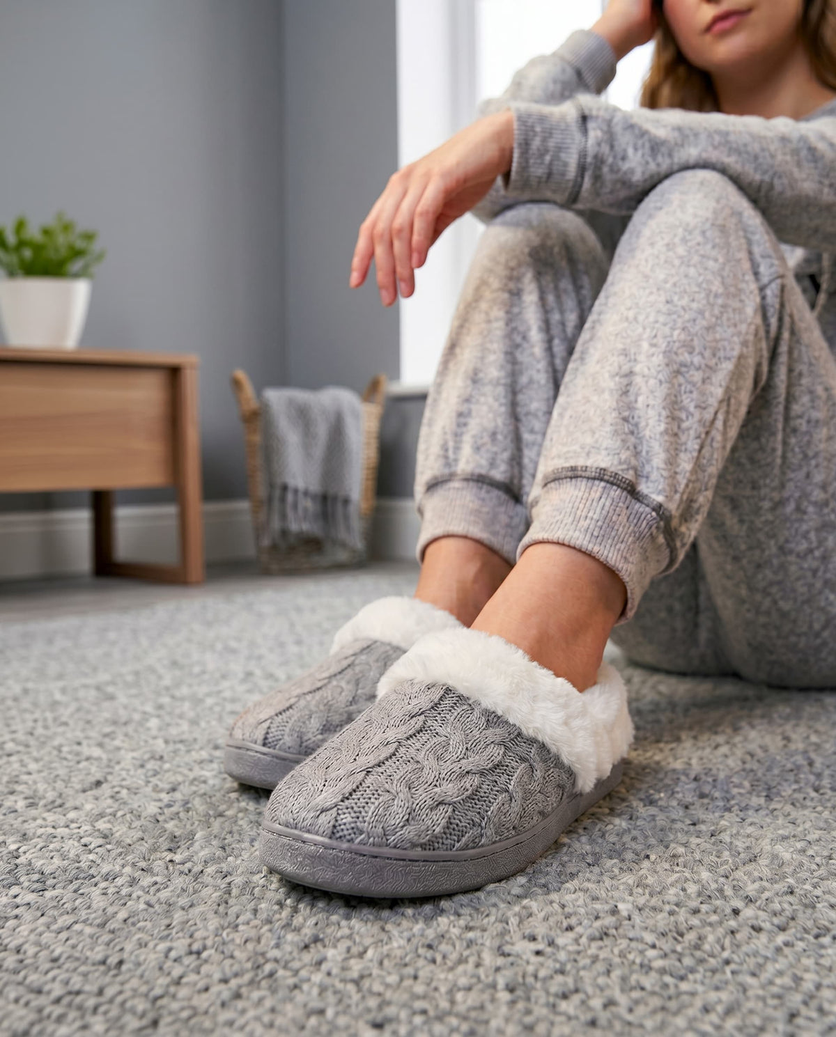 Persona sentada sobre una alfombra, calzando unas botas de invierno cerradas de la marca Lohe, modelo «Vigoré» trenzado en color gris con forro de borreguillo blanco.