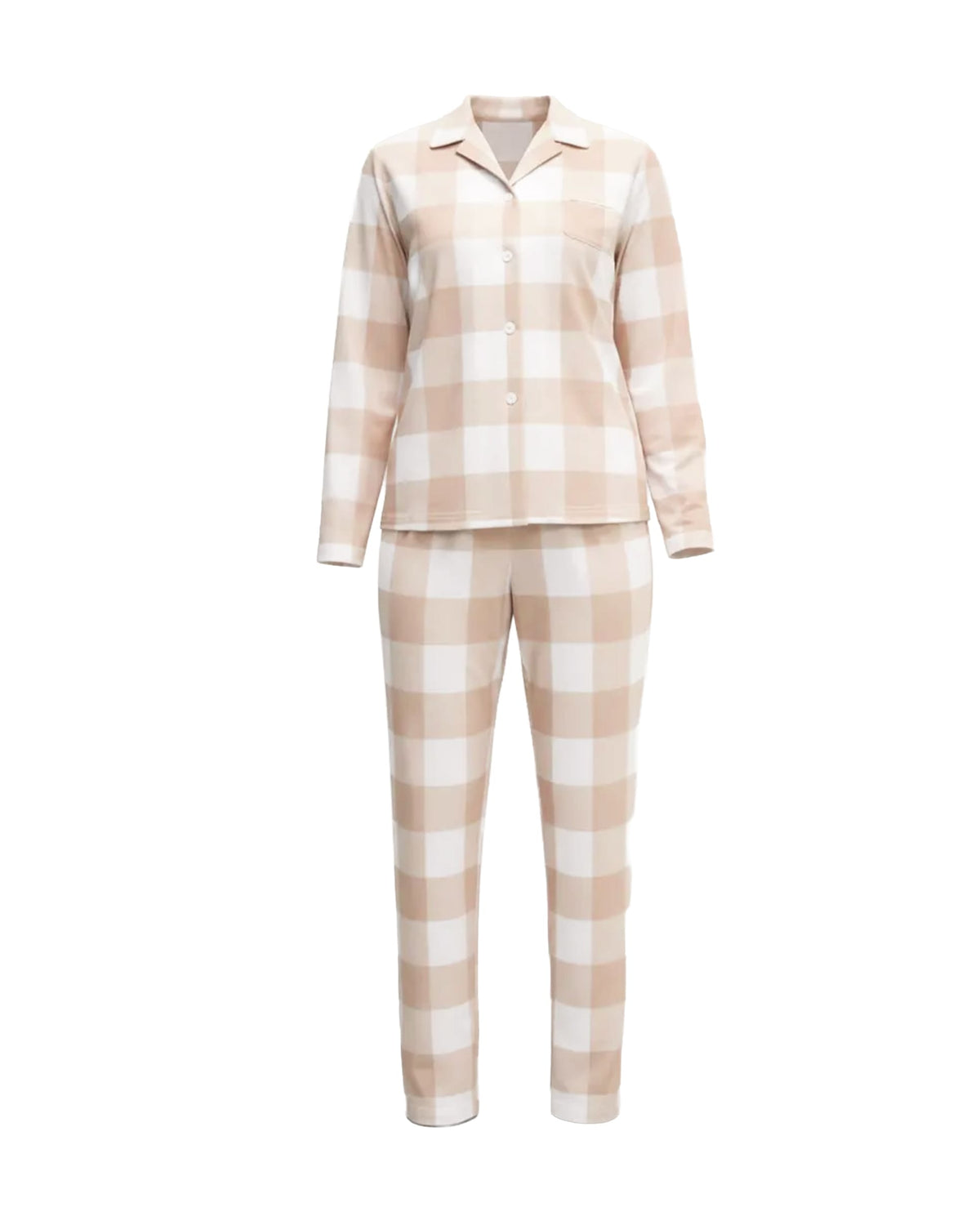 Pijama de invierno manga larga abierto de cuadros camel