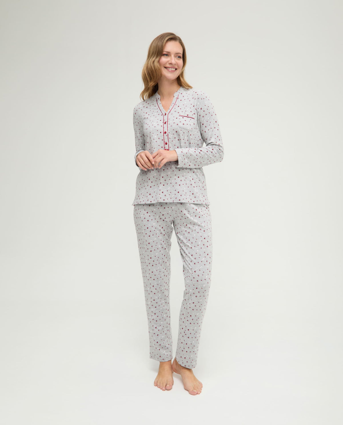 Pijama de invierno manga larga vigoré burdeos de topos
