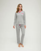 Pijama de invierno manga larga vigoré gris cuello pico con puntilla