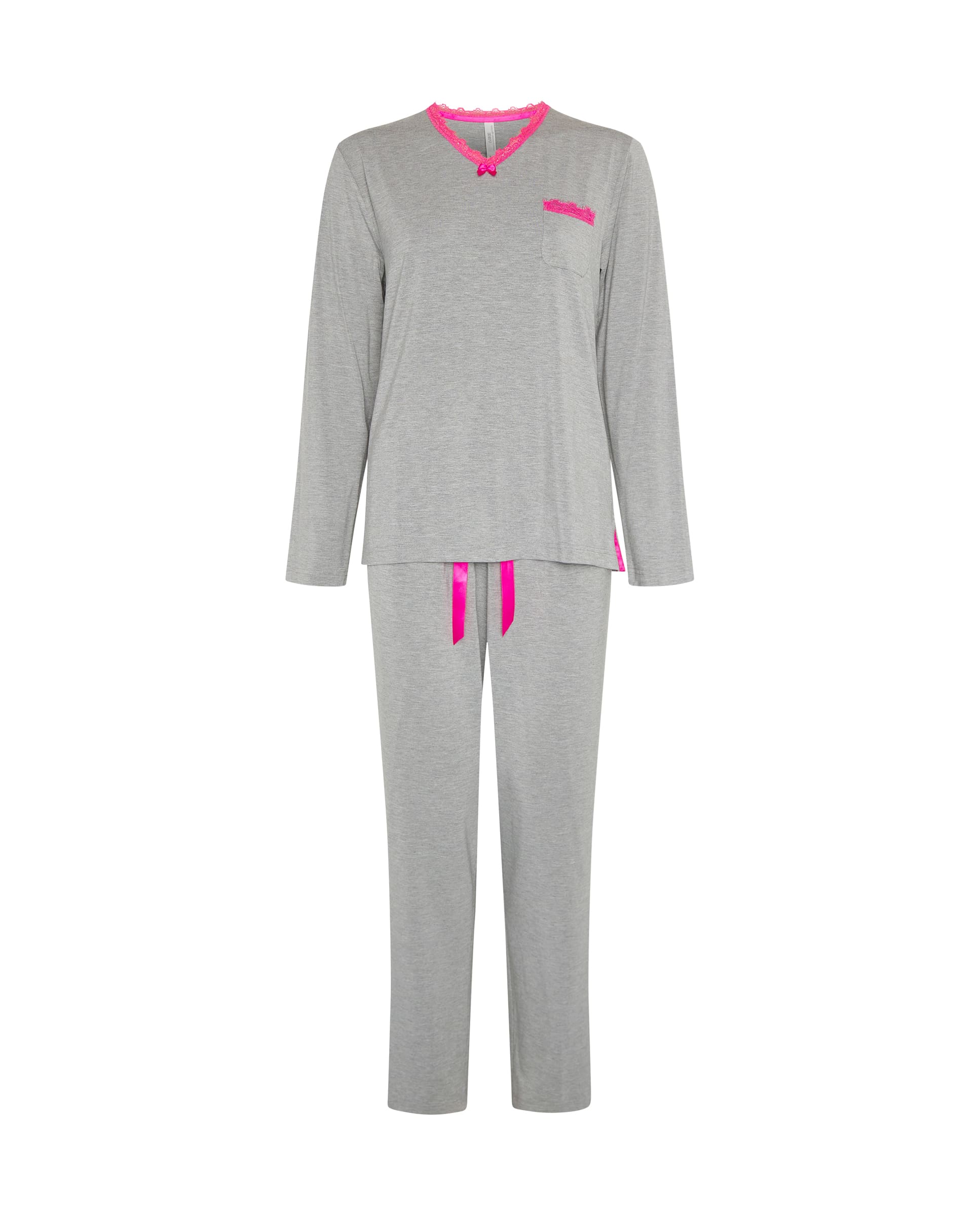 Pijama de invierno manga larga vigoré gris cuello pico con puntilla