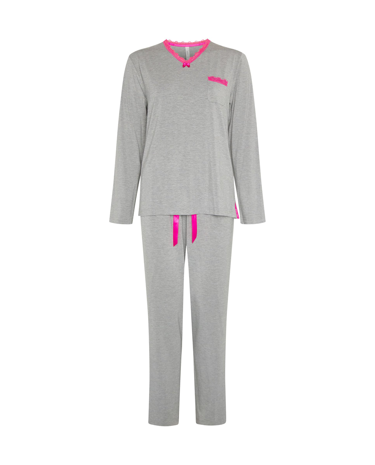 Pijama de invierno manga larga vigoré gris cuello pico con puntilla