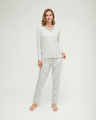 Pijama de invierno manga larga verde de hojas con puntilla