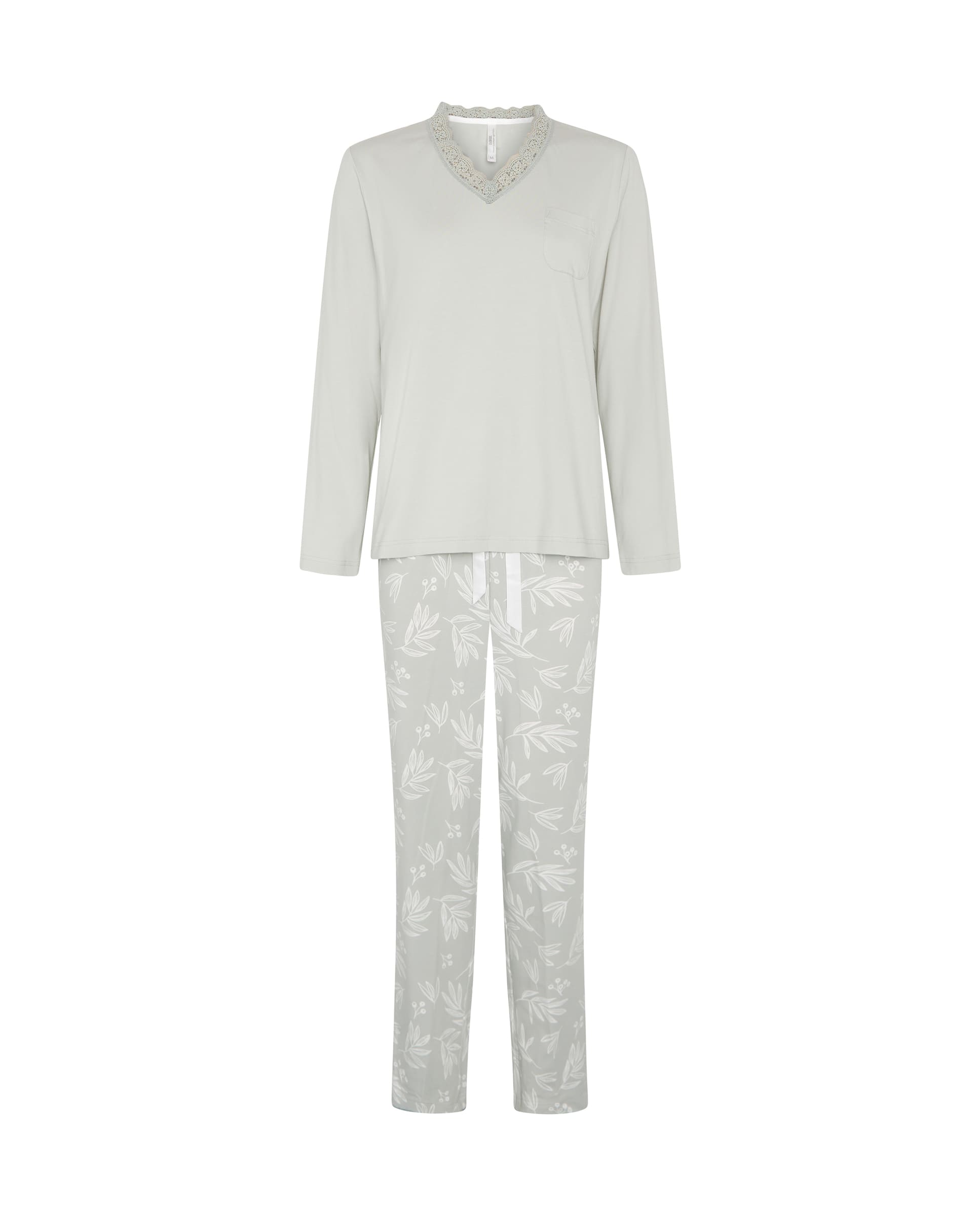 Pijama de invierno manga larga verde de hojas con puntilla