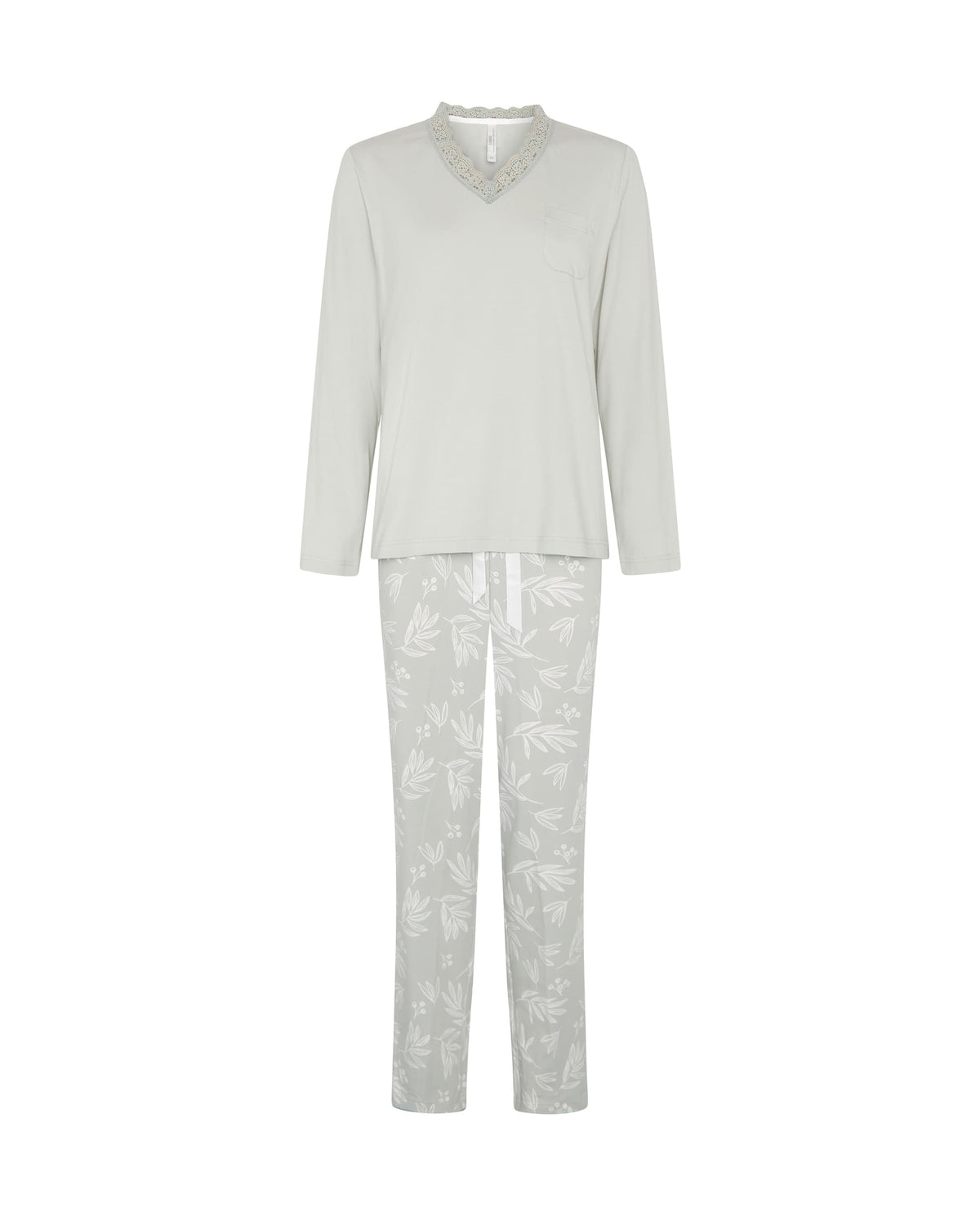 Pijama de invierno manga larga verde de hojas con puntilla