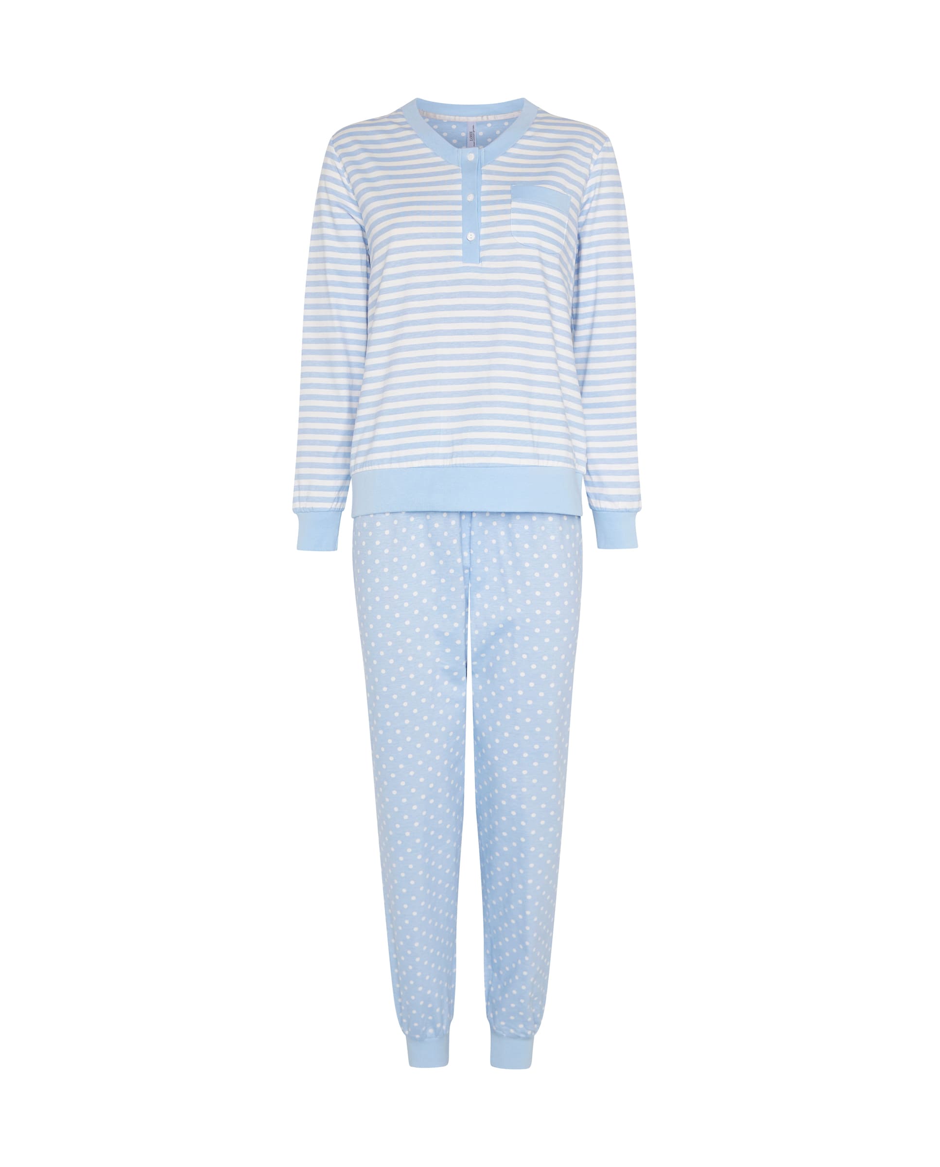 Pijama de invierno manga larga celeste de rayas y topos