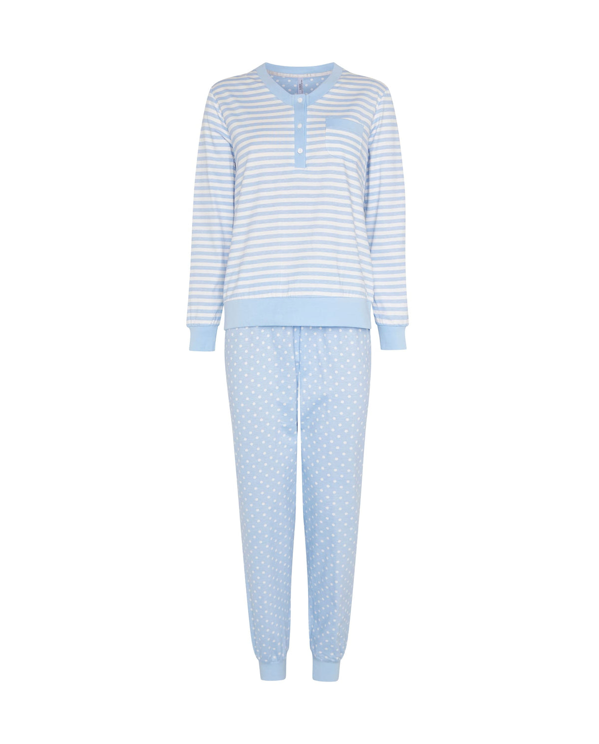 Pijama de invierno manga larga celeste de rayas y topos