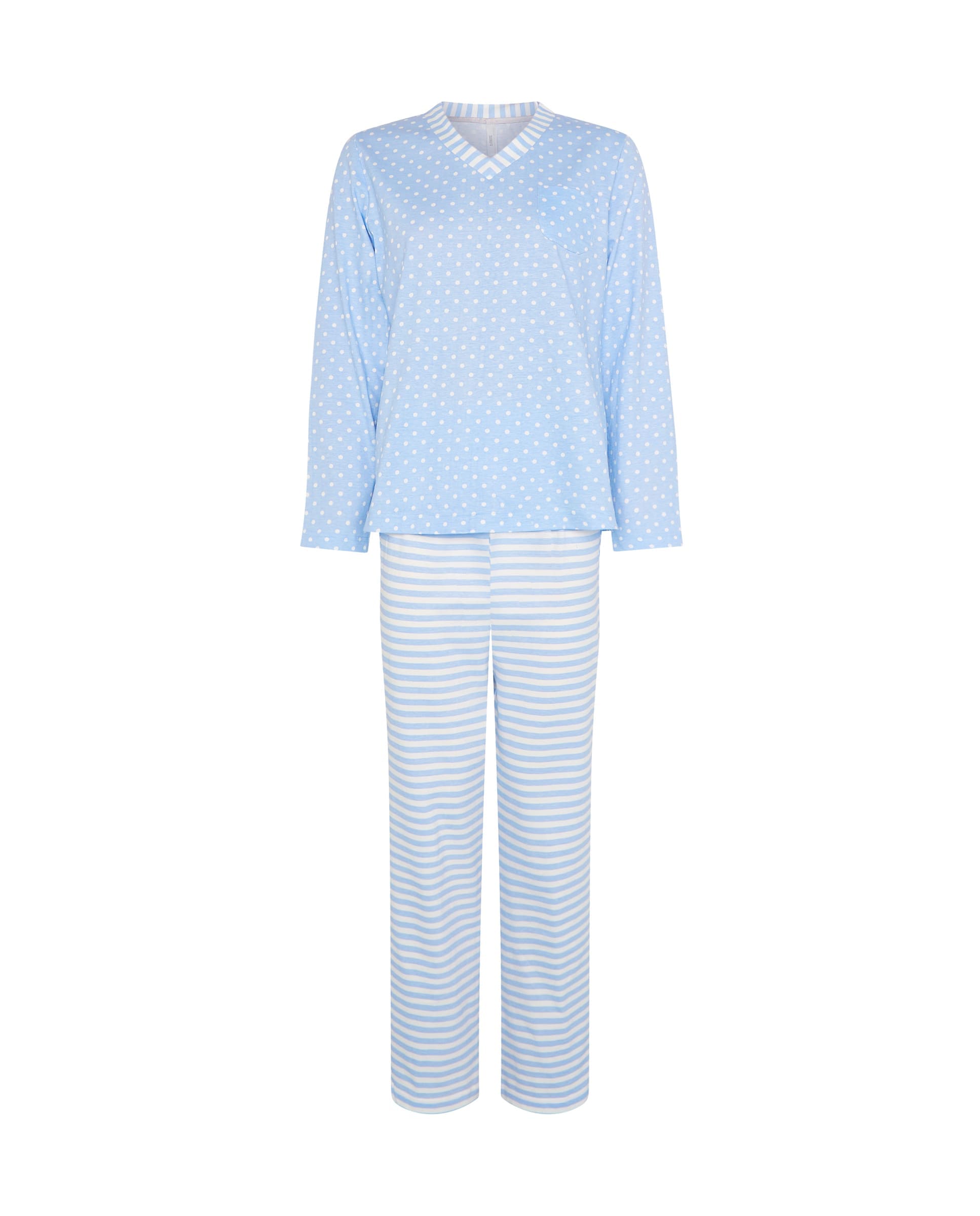 Pijama de invierno manga larga celeste cuello pico de topos y rayas