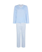 Pijama de invierno manga larga celeste cuello pico de topos y rayas