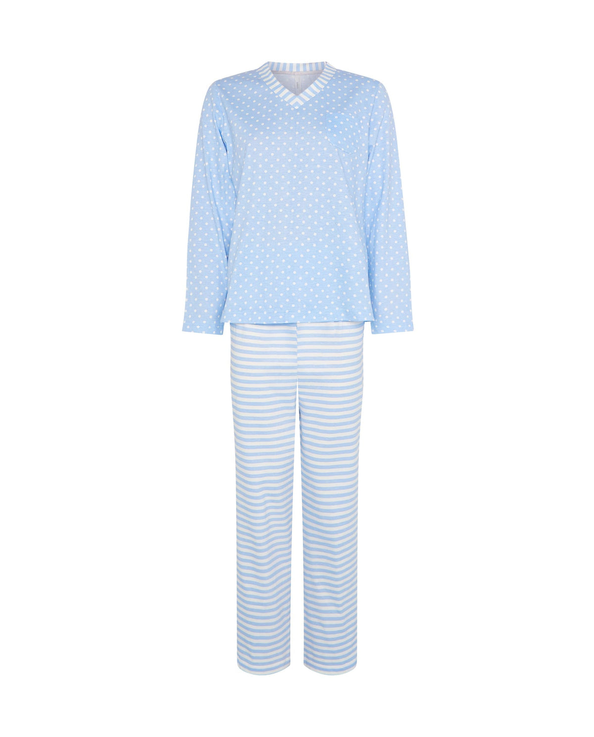 Pijama de invierno manga larga celeste cuello pico de topos y rayas