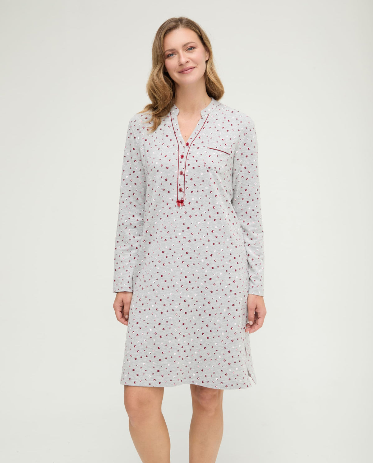 Camisón de invierno manga larga abierto vigoré burdeos de topos