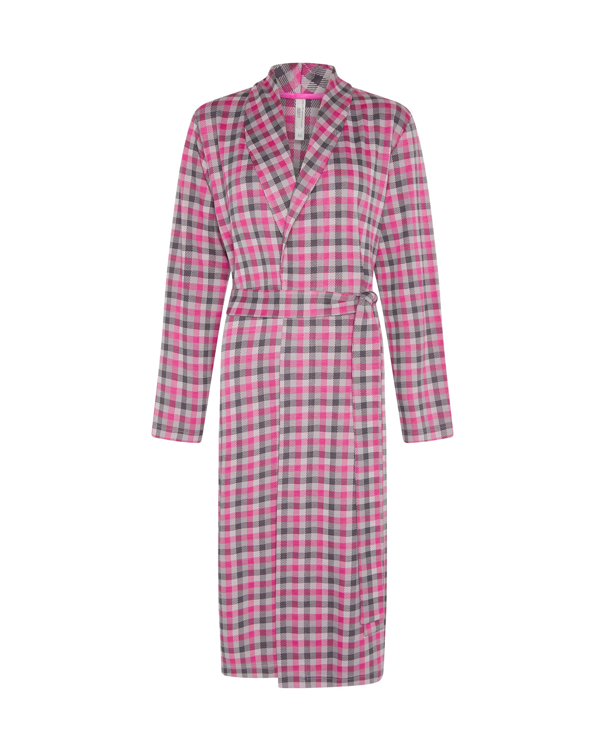 Bata cruzada de invierno midi de cuadros fucsia con cinturón