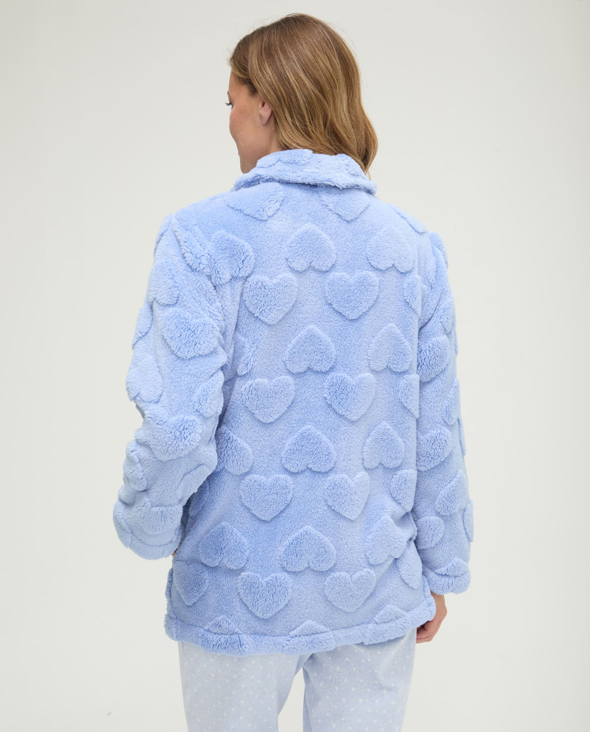 Bata corta de invierno jacquard azul de corazones con bolsillos