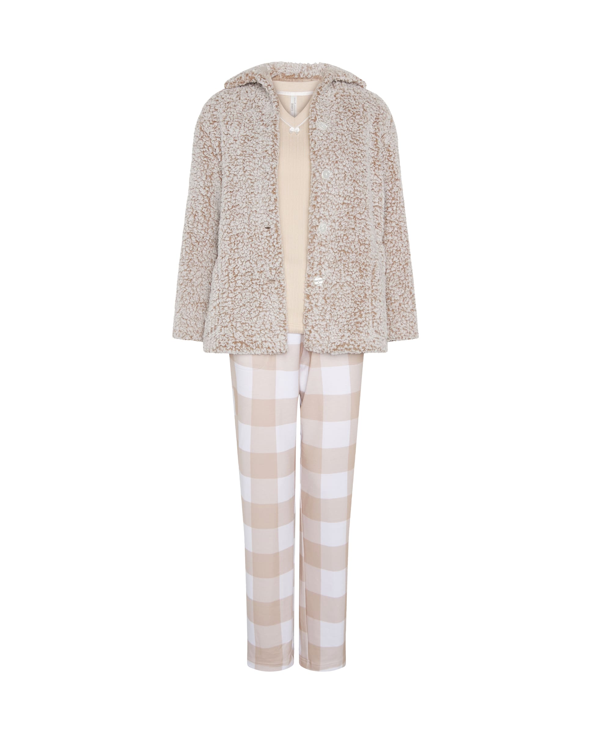 Conjunto pijama y bata de invierno canalé camel de cuadros