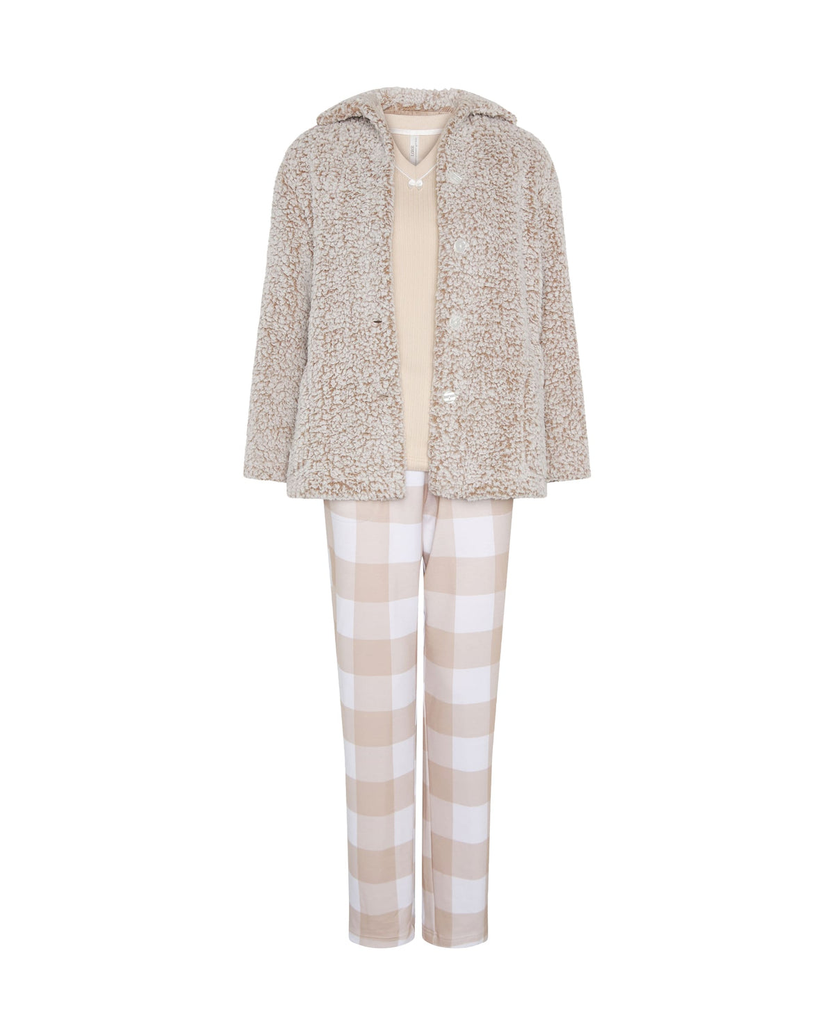 Conjunto pijama y bata de invierno canalé camel de cuadros