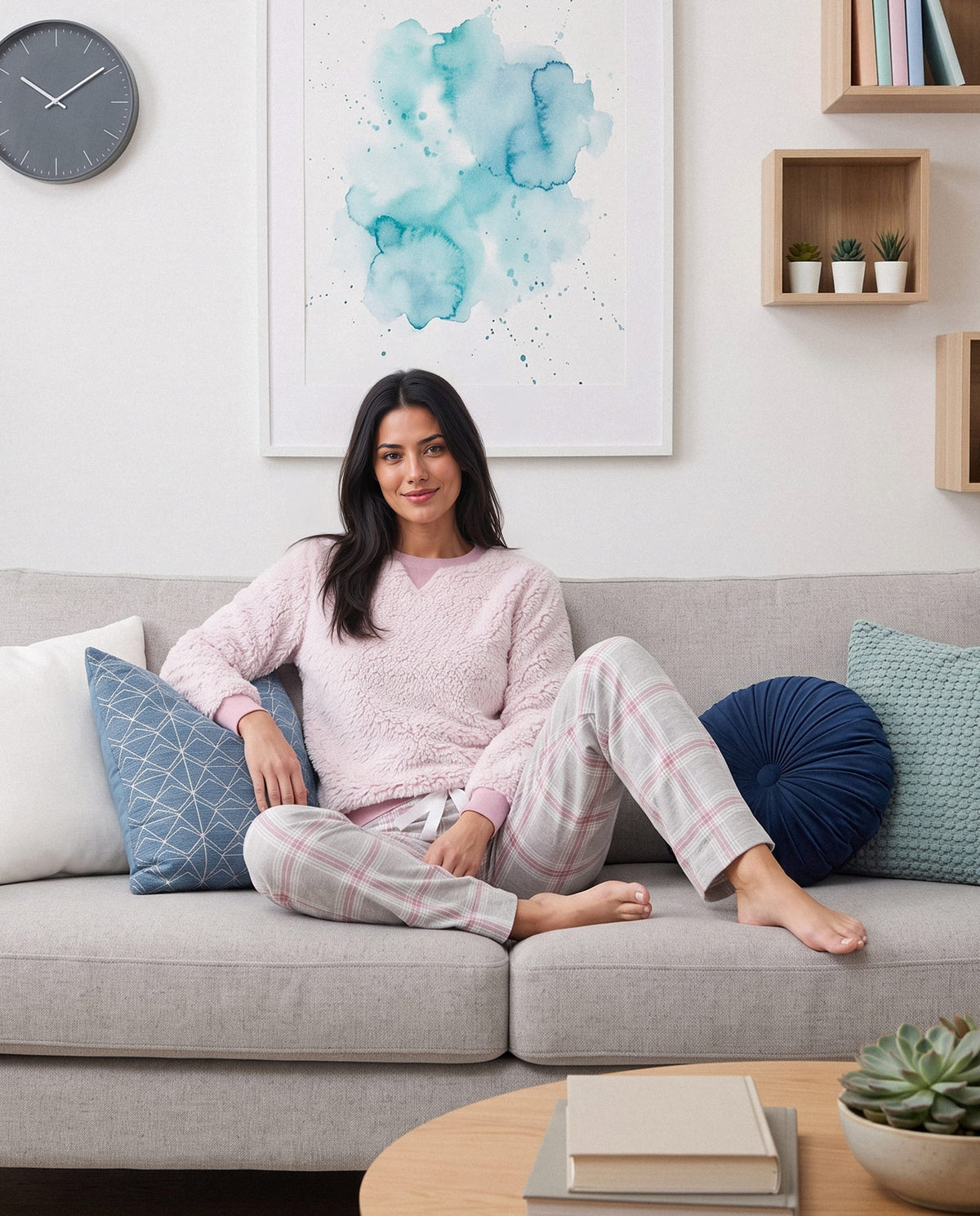 Mujer sentada en un sofá con el pijama de invierno Lohe de manga larga, confeccionado en borreguillo de color malva y pantalones a cuadros.