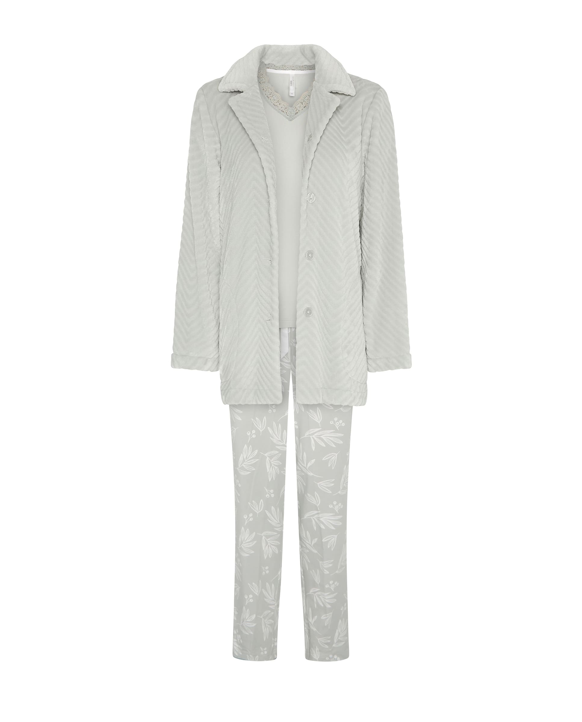 Conjunto pijama y bata de invierno jacquard verde de hojas