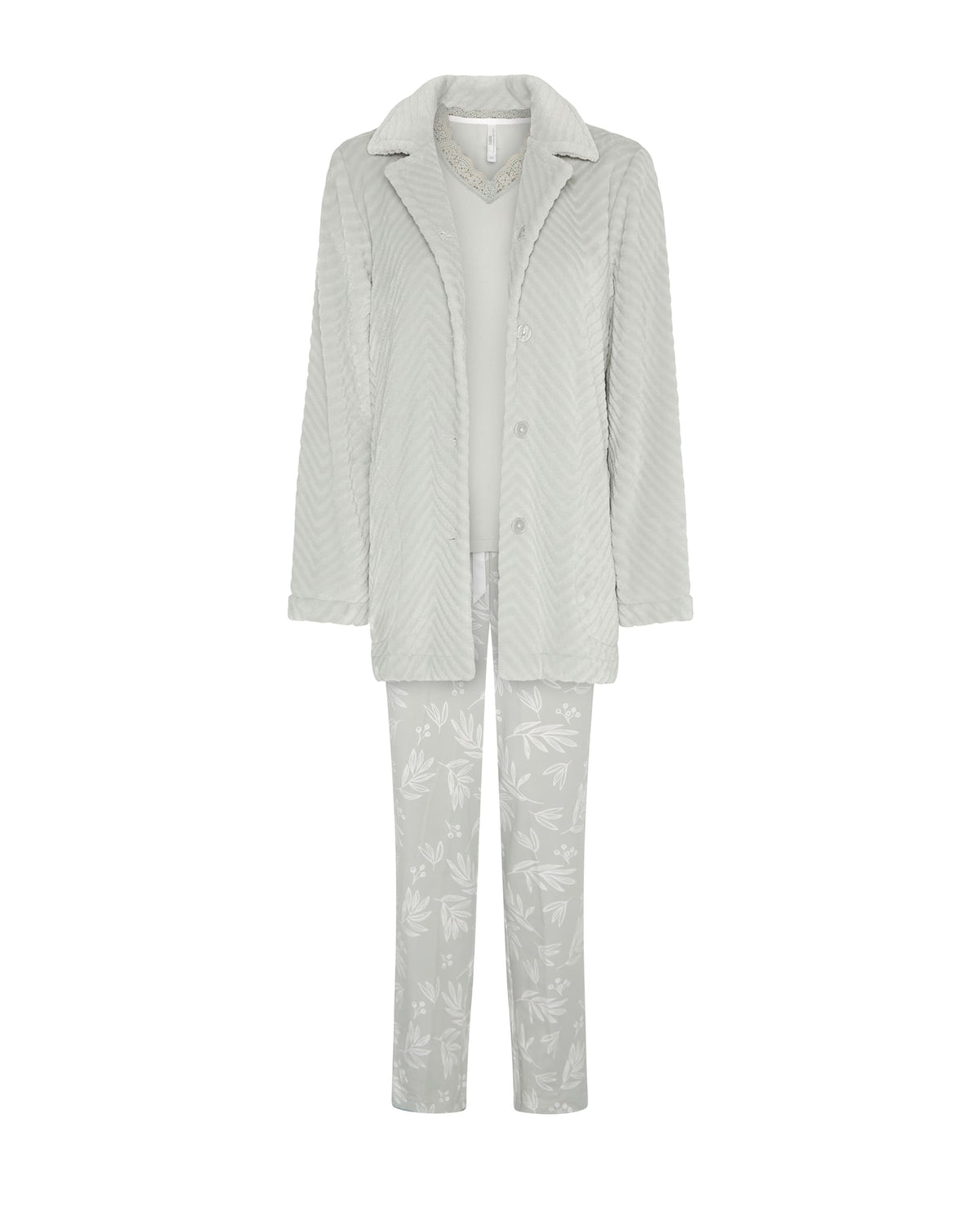 Conjunto pijama y bata de invierno jacquard verde de hojas