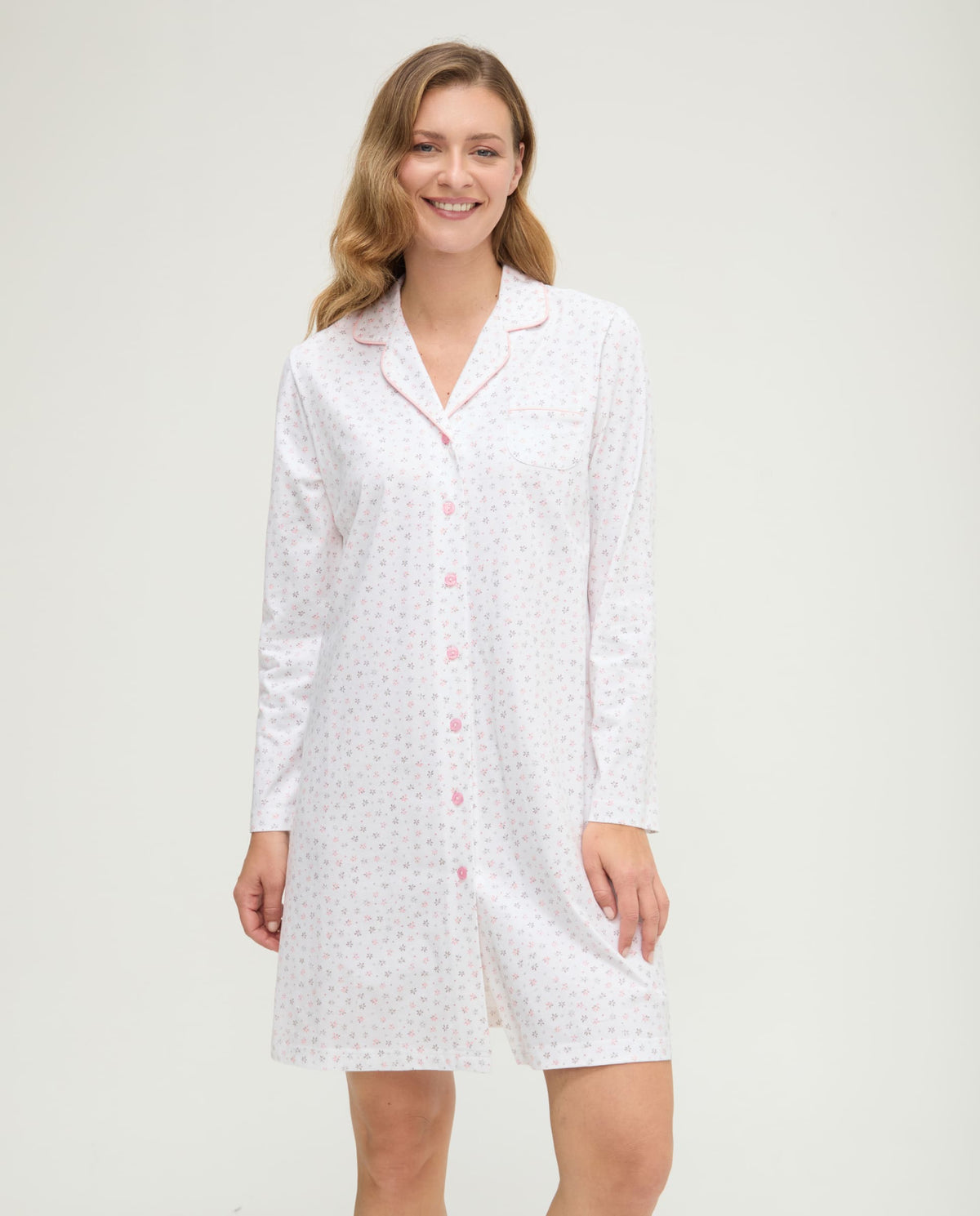 Camisón de invierno manga larga abierto rosa de florecitas