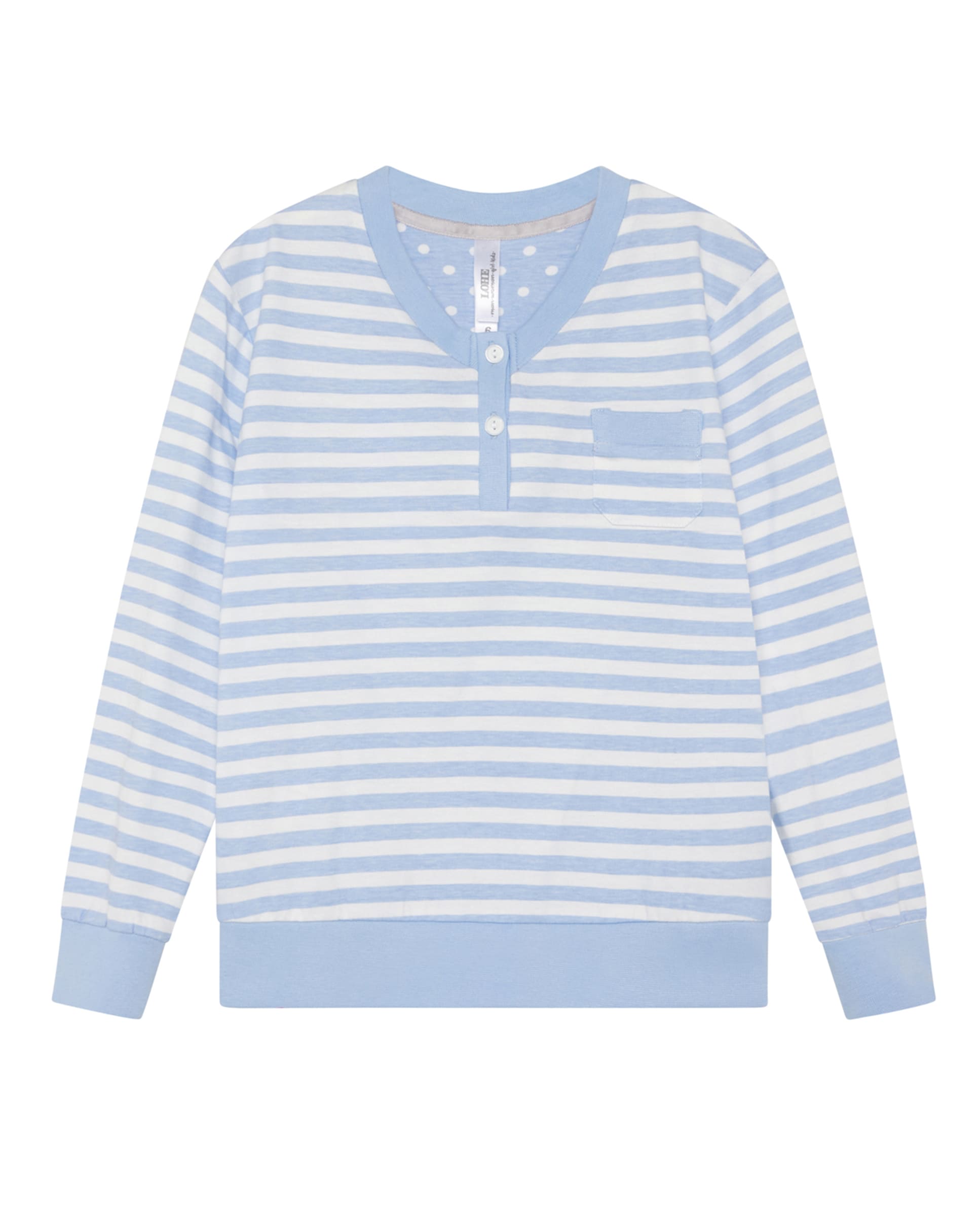 Detalle de chaquetilla de pijama de invierno de manga larga para niña celeste de rayas y topos