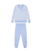 Pijama de niña de invierno manga larga celeste de rayas y topos