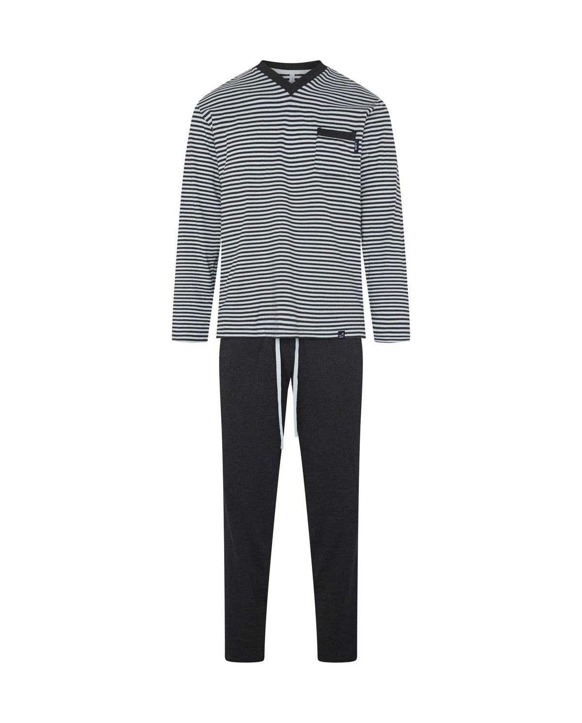 Pijama de hombre de invierno manga larga gris de rayas cuello pico