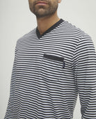 Pijama de hombre de invierno manga larga gris de rayas cuello pico