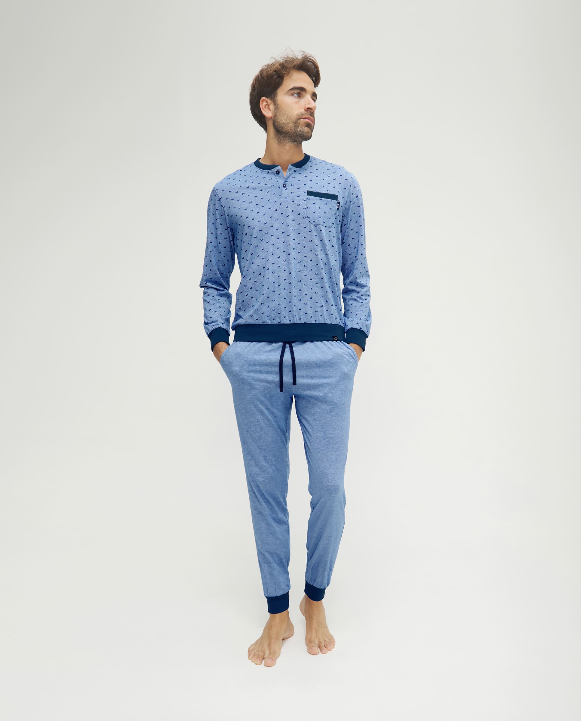 Pijama de hombre de invierno manga larga azul de perritos