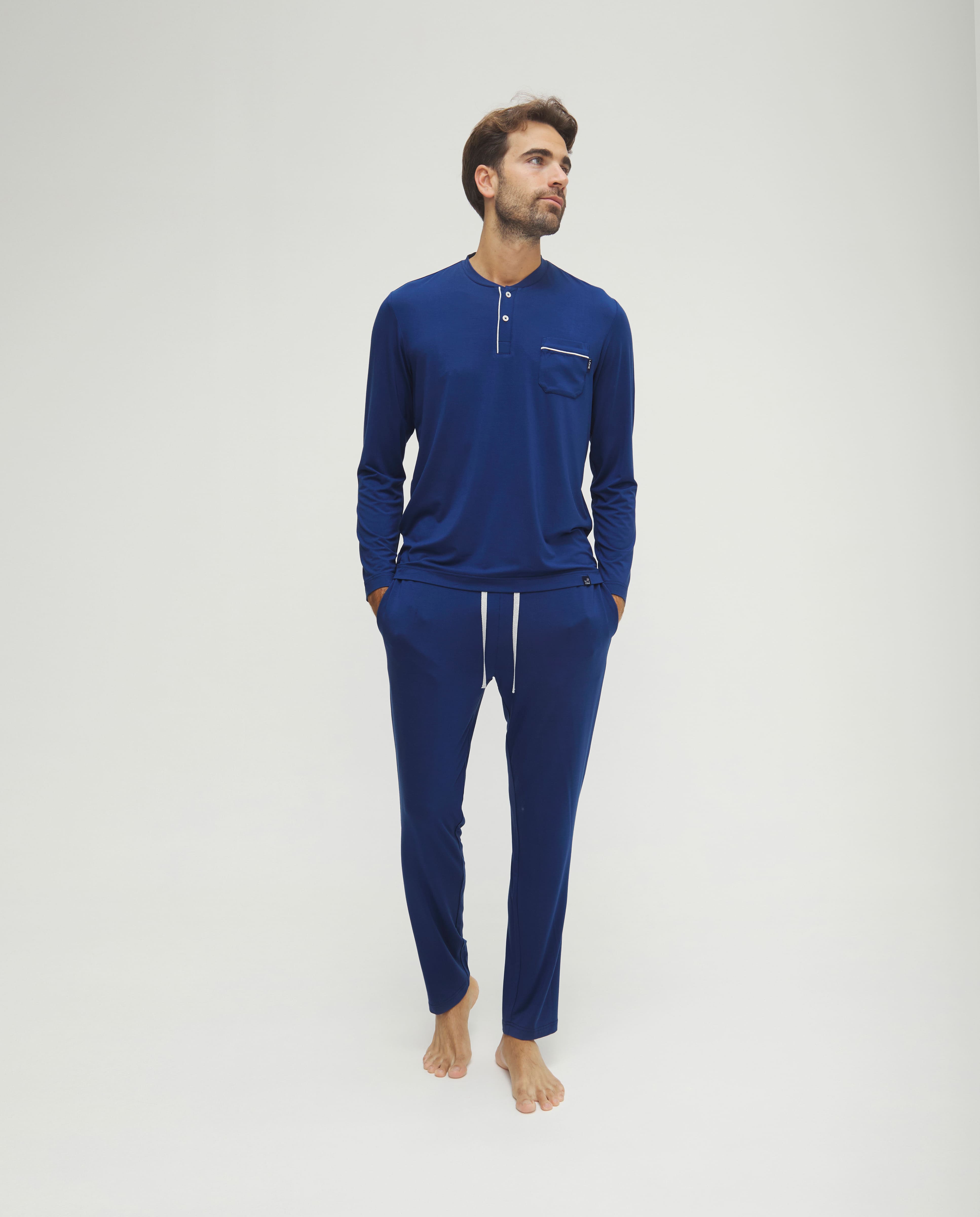 Pijama de hombre de invierno manga larga modal marino con botones
