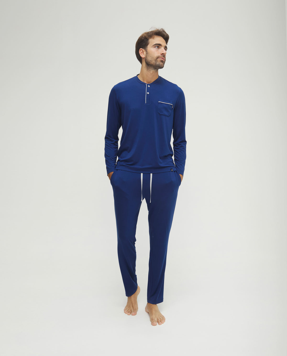 Pijama de hombre de invierno manga larga modal marino con botones
