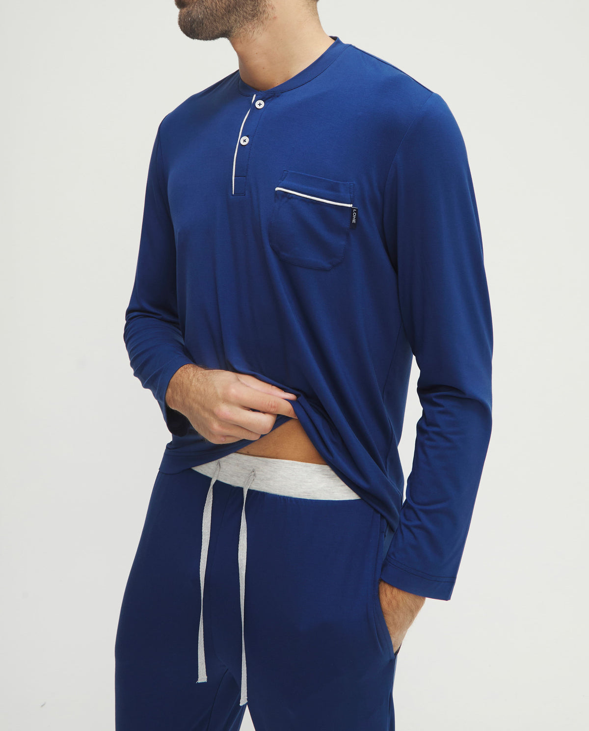 Pijama de hombre de invierno manga larga modal marino con botones