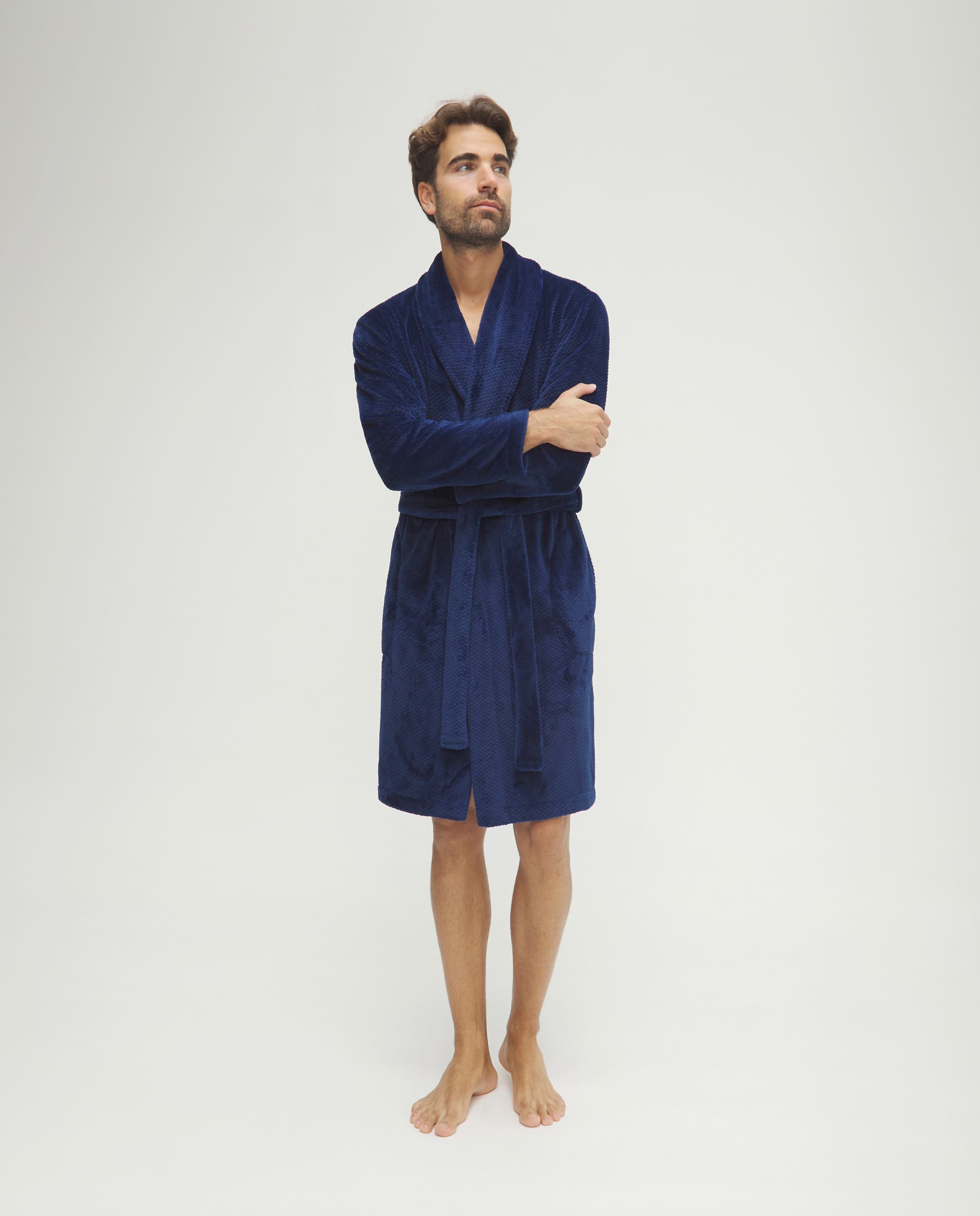 Bata de hombre de invierno jacquard azul con cinturón