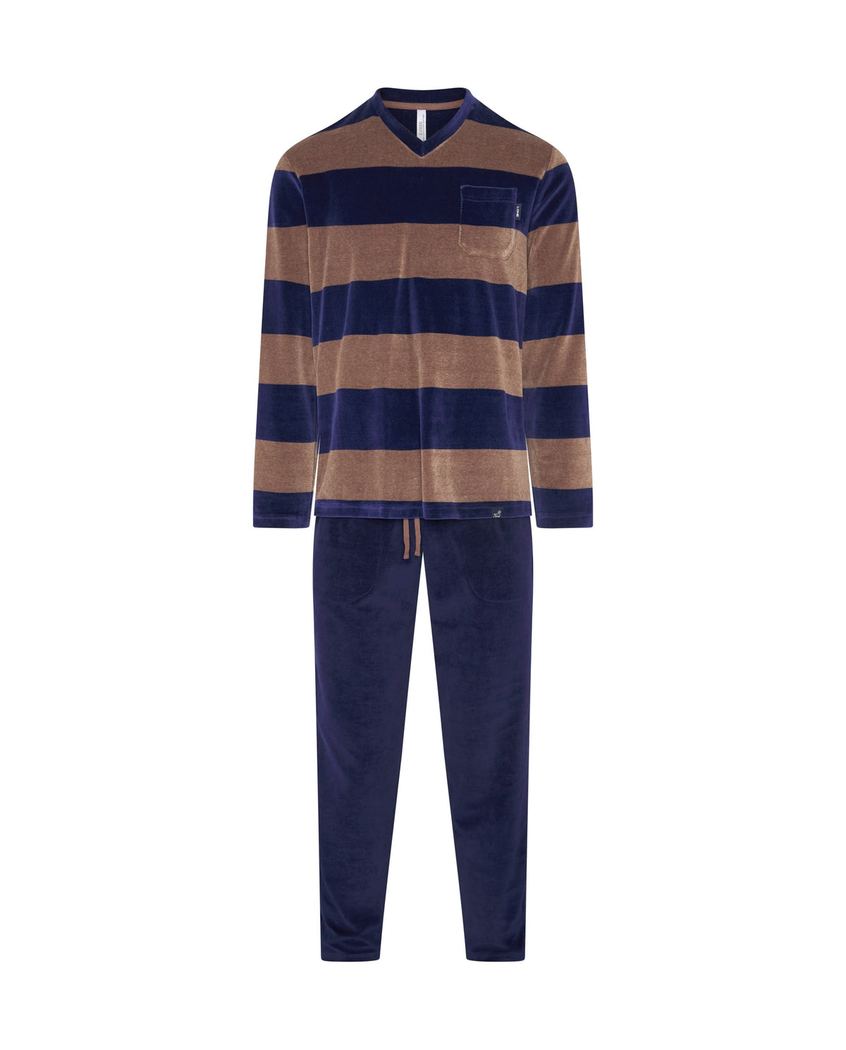 Pijama de hombre de invierno manga larga terciopelo marrón de rayas