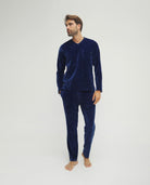 Pijama de hombre de invierno manga larga terciopelo azul de cuadritos