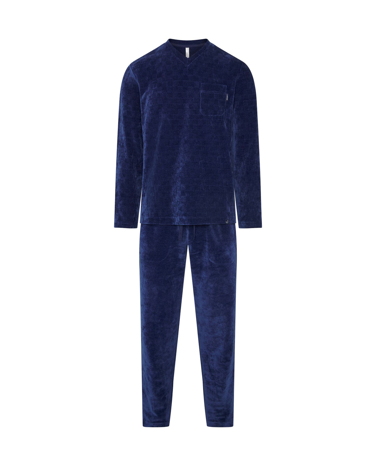 Pijama de hombre de invierno manga larga terciopelo azul de cuadritos