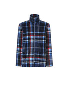 bata de caballero corta con cremallera, manga larga y cuello alto, diseño de cuadros azul, negro, rojo y blanco