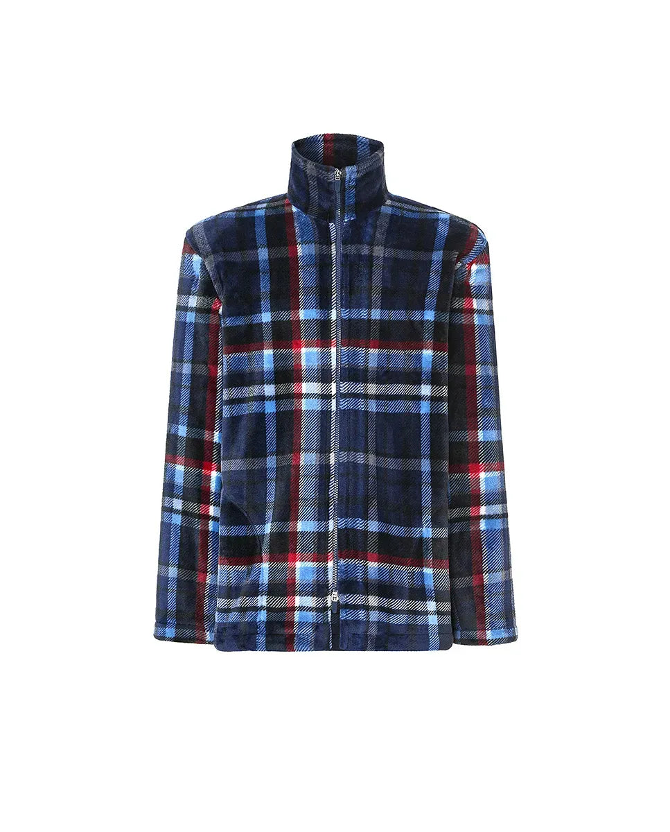 bata de caballero corta con cremallera, manga larga y cuello alto, diseño de cuadros azul, negro, rojo y blanco