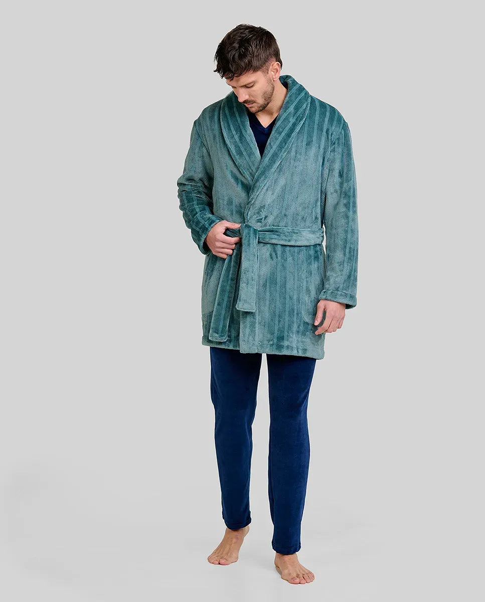 hombre con bata corta Jacquard de rayas verde cuello smoking, bolsillos laterales y cinturón