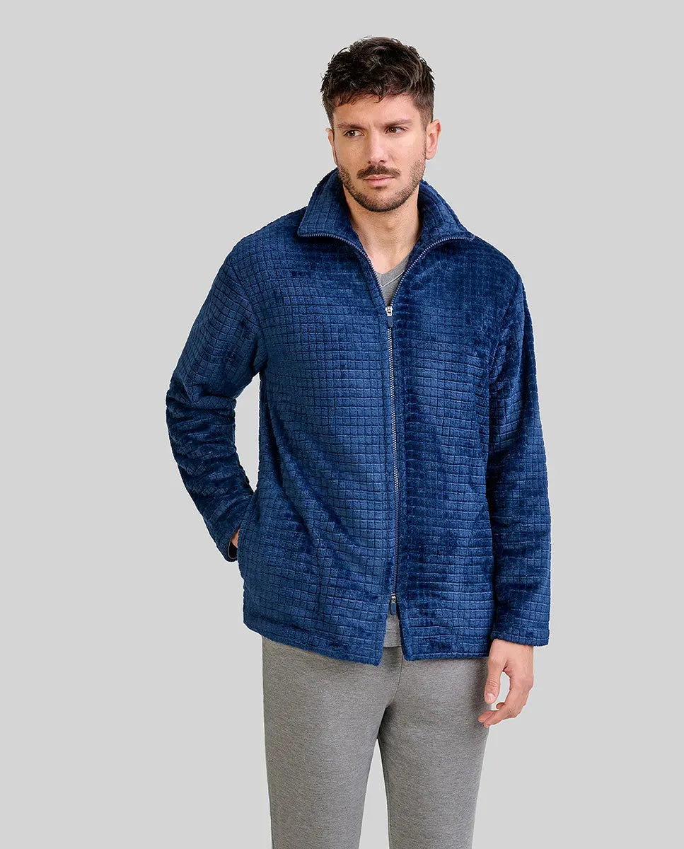 Hombre con bata corta jacquard marino de cremallera y bolsillos laterales
