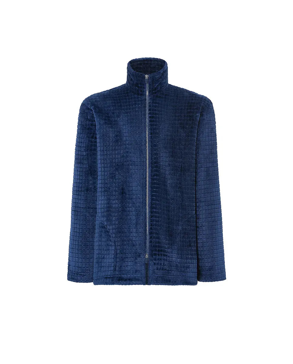 Bata corta de hombre con cremallera, tejido Jacquard de cuadros marino y bolsillos laterales.