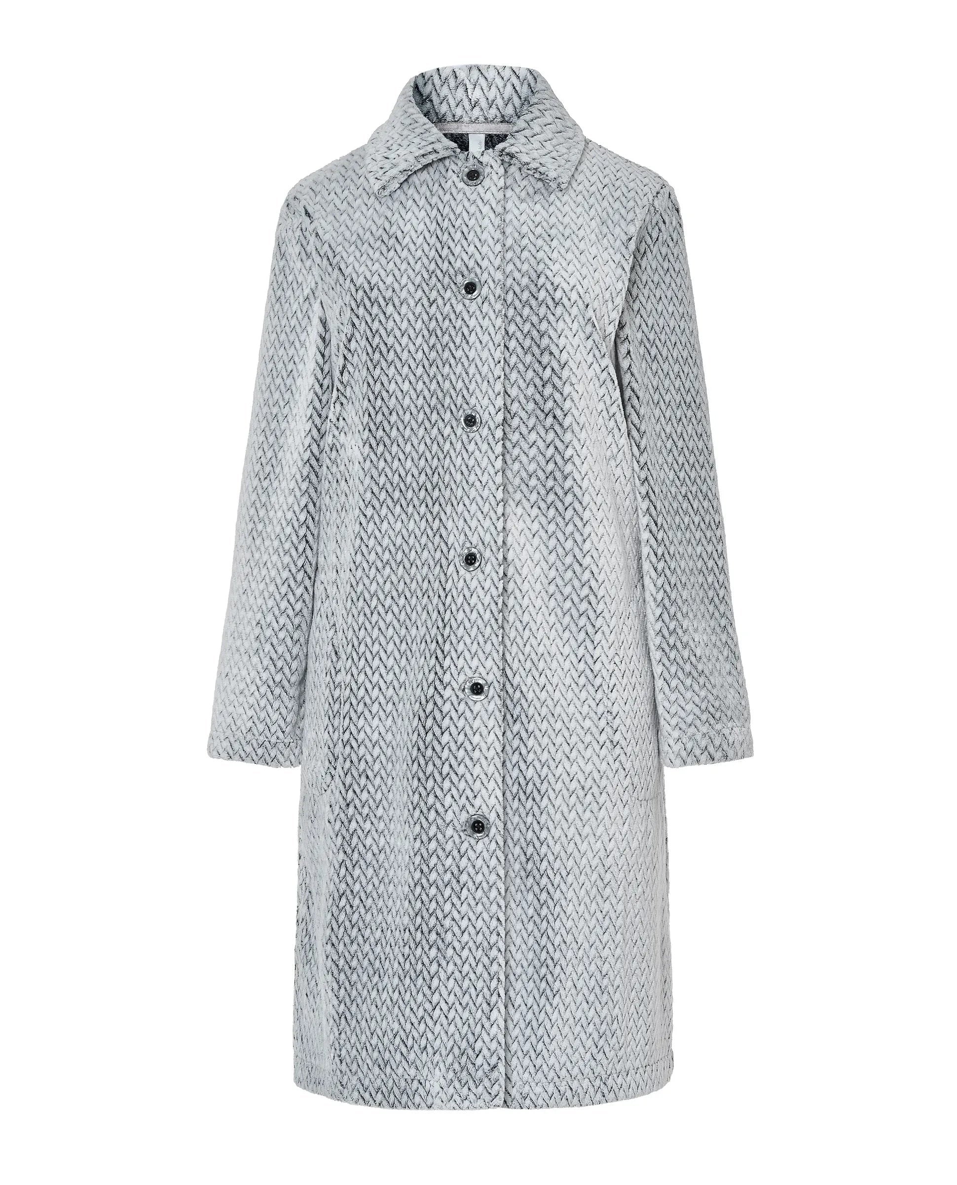 Bata de invierno de mujer gris Jacquard con dibujo espiga, abertura de botones, bolsillos laterales