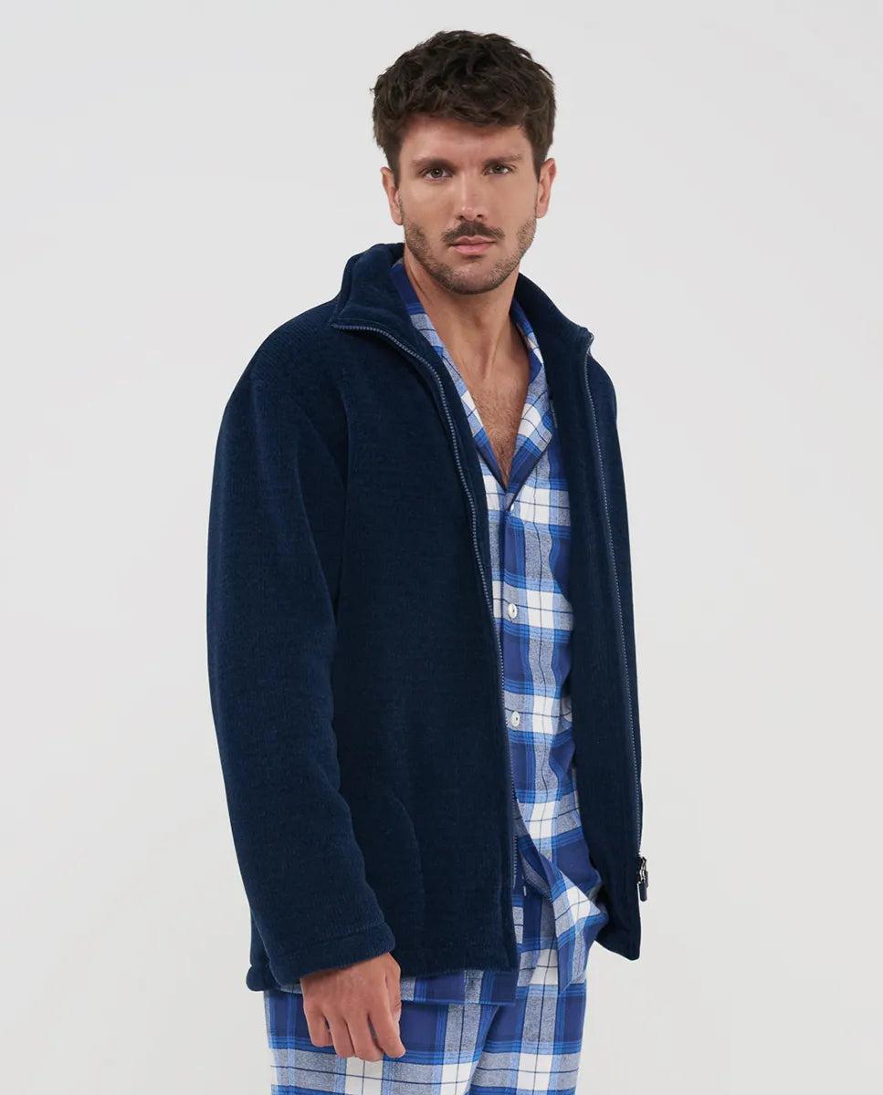 Hombre con bata confortable bata corta de invierno marino con cremallera y bolsillos