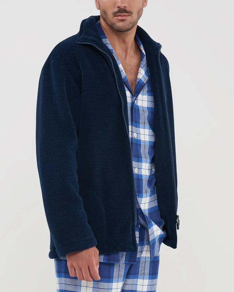 Hombre con bata confortable bata corta de invierno marino con cremallera y bolsillos