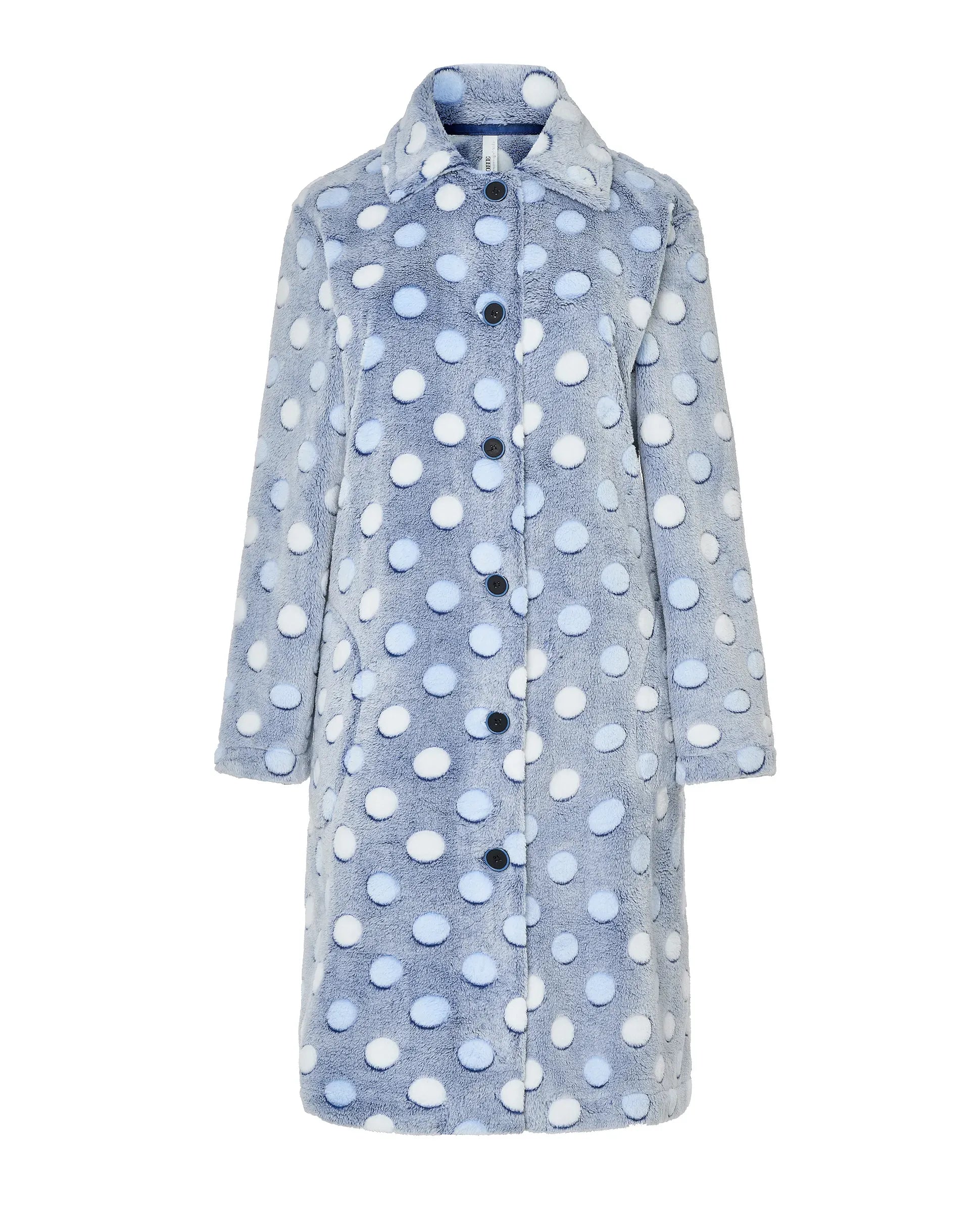 Bata de casa para mujer larga en azul celeste con lunares en relieve, cierre de botones delanteros, bolsillos y cuello clásico