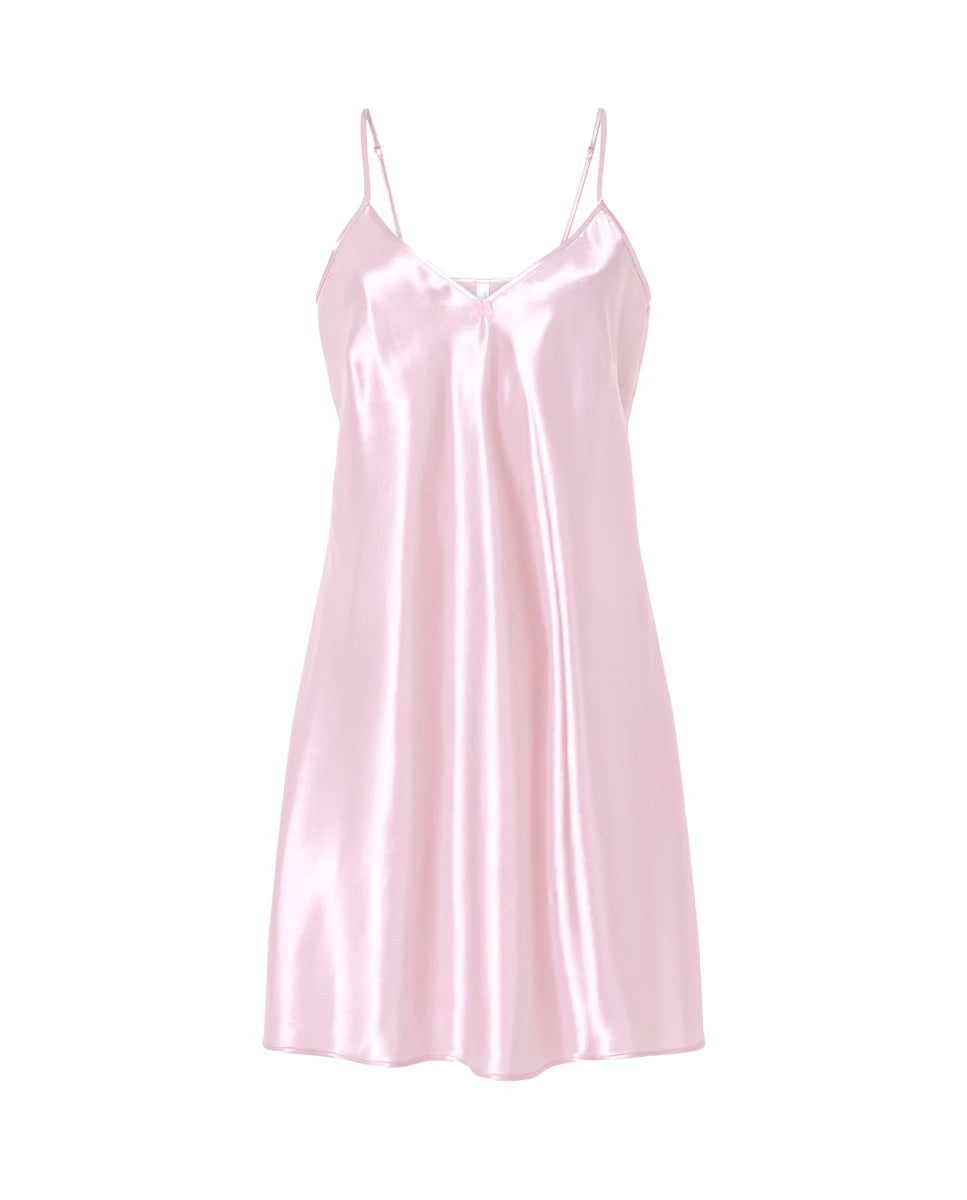 Camisón corto tirantes en raso liso y escote pico — Rosa Palo