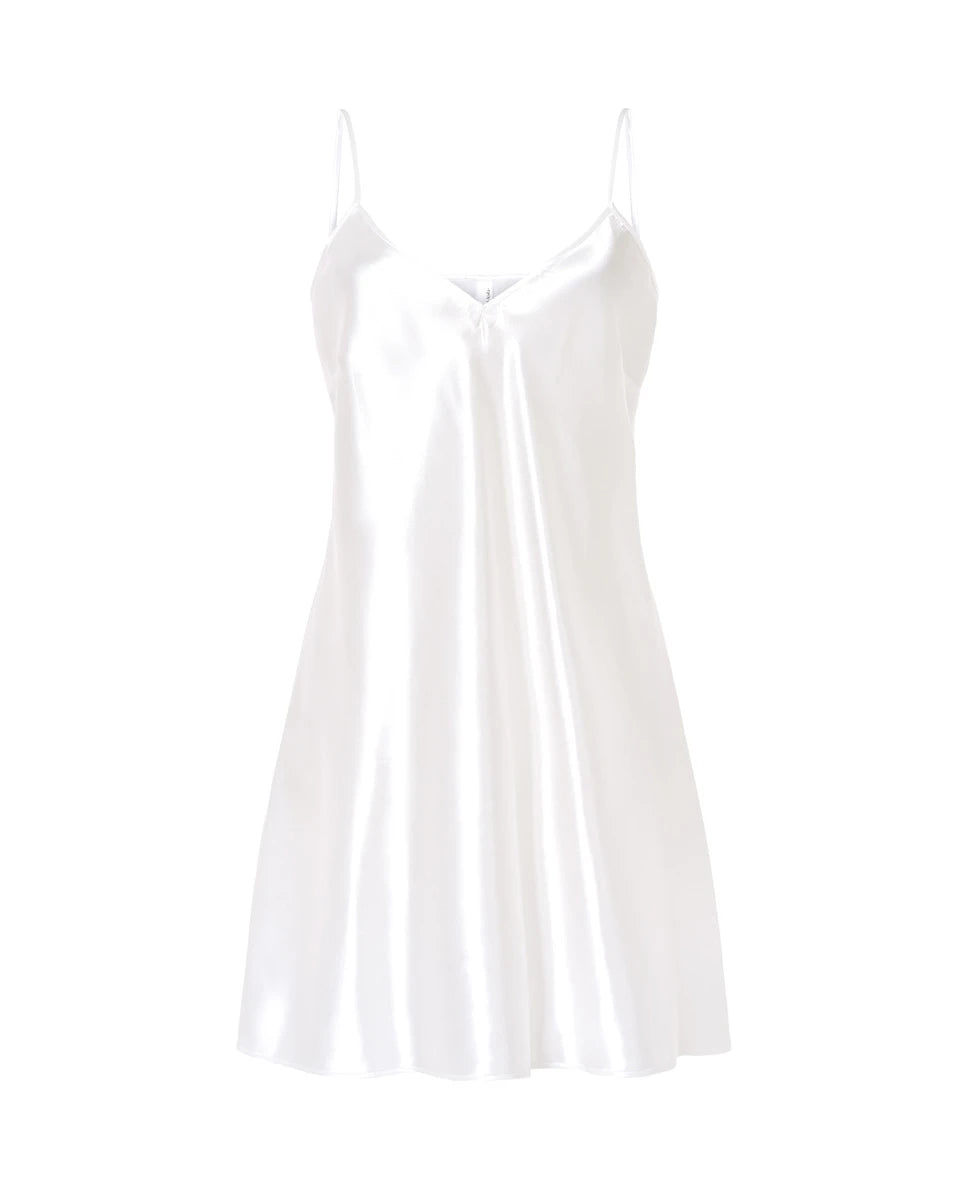 Camisón corto tirantes en raso liso y escote pico — Marfil