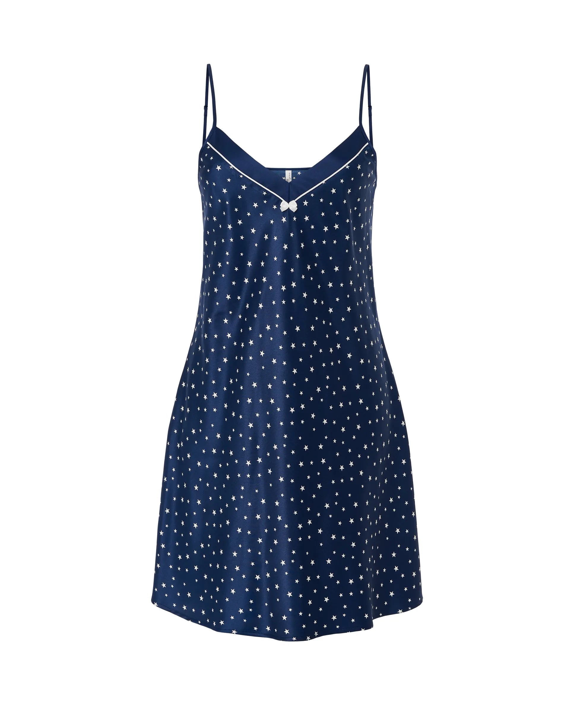 Camisón de raso para mujer con estampado de estrellas y tirantes ajustables, estilo bodegón sofisticado.
