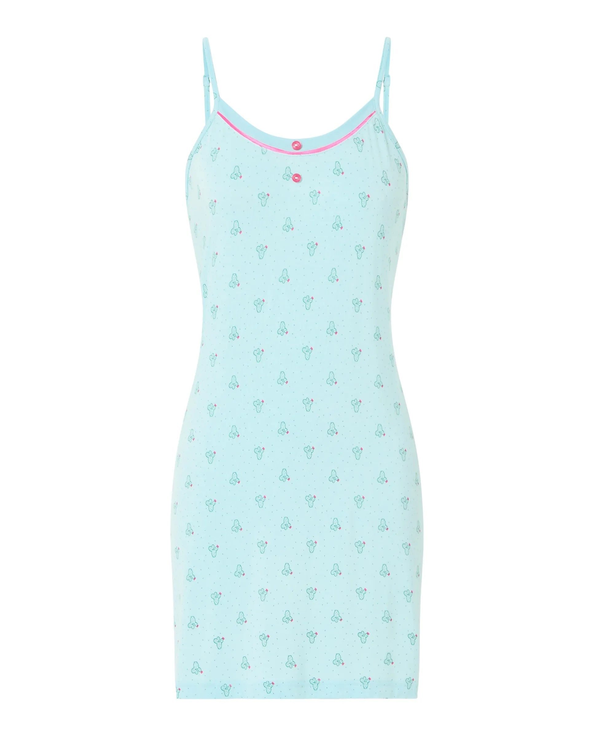 Camisón corto de mujer con tirante fino, 
 cuello redondo con botones y estampado de pequeños cactus