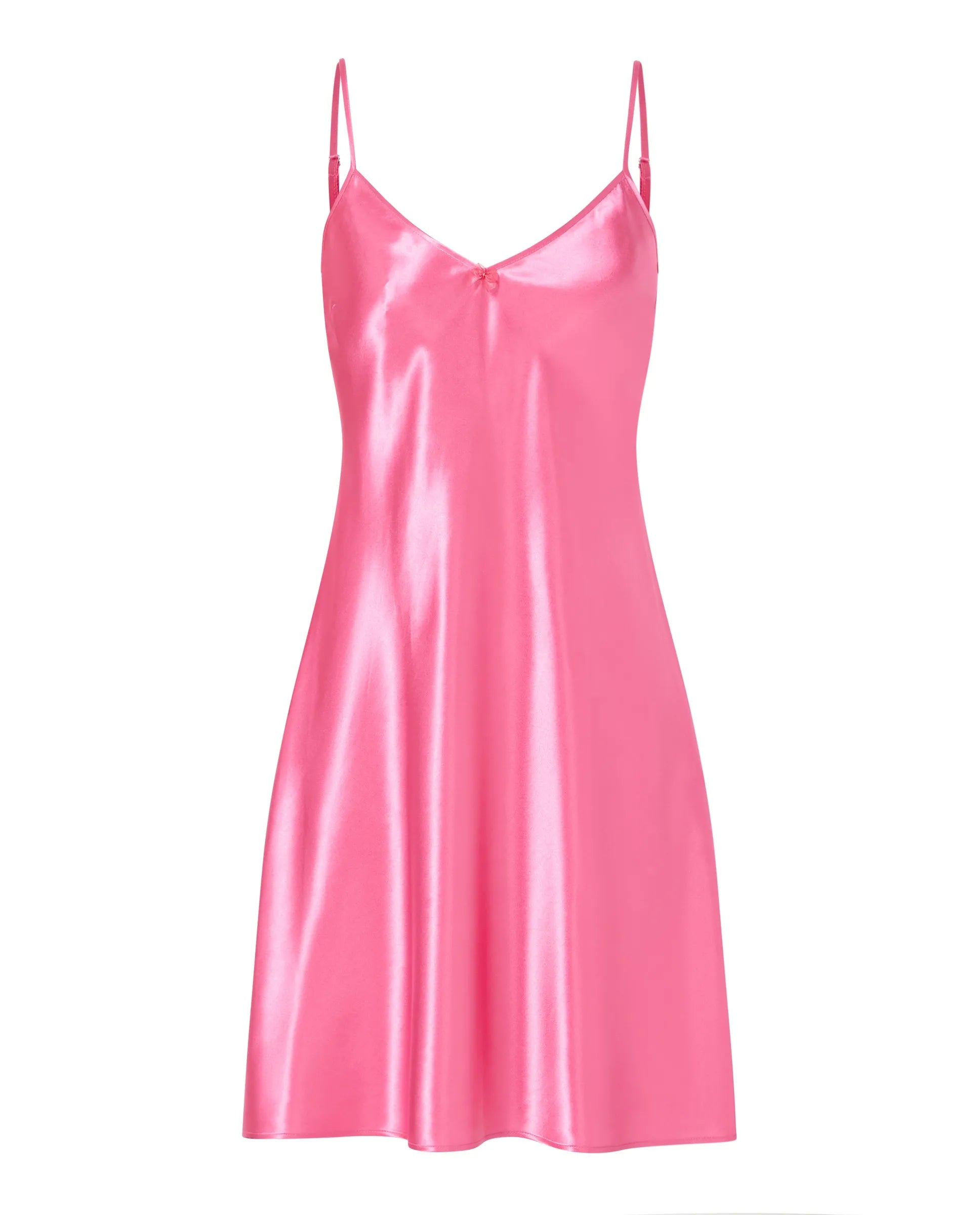 Camisón corto Lohe de mujer, tejido de raso fucsia, tirante fino, cuello pico con adorno lazo de organza.