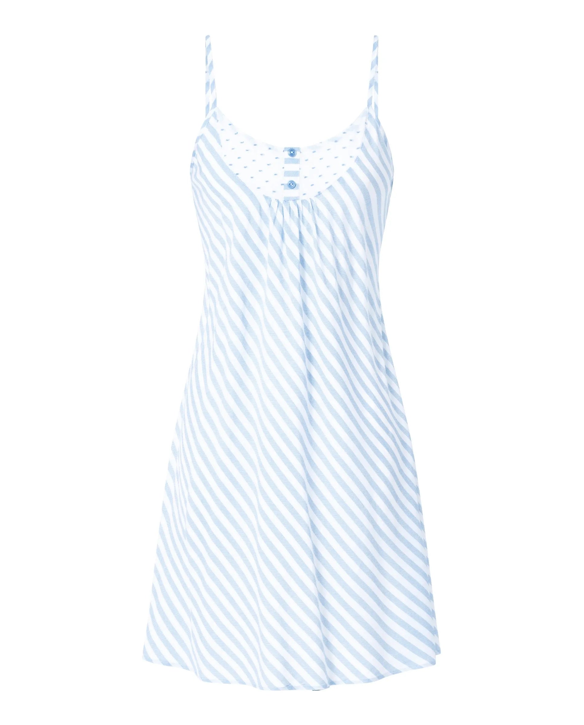 Detalle de escote redondo con botones en camisola de tirantes de verano a rayas azul